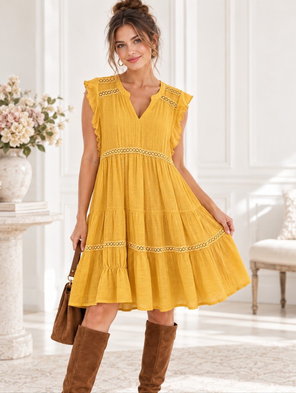 Indigo Rose Mustard Yellow Lace Trim Tiered Dress Petite XL PXL